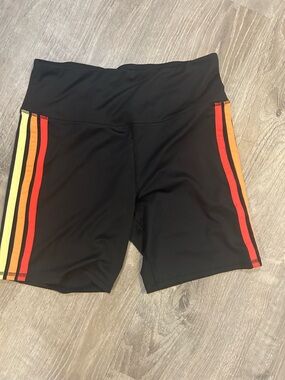 High-Waist Black Women's Active Shorts with Red and Orange Stripe Accents
